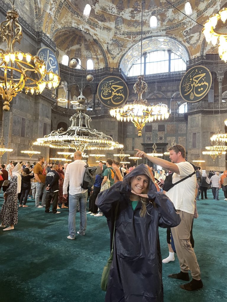 Inside the Hagia Sophia Mosque, beautiful interior with chandeliers. 