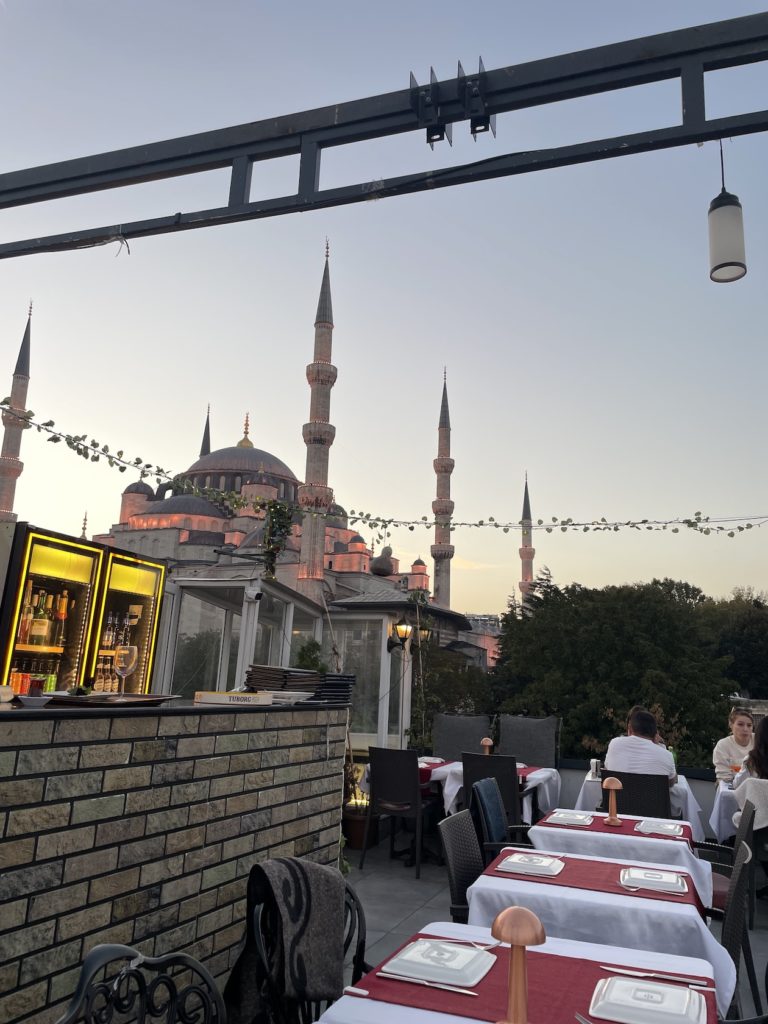 The view of the Blue Mosque from Ararat Terrace Restaurant. 